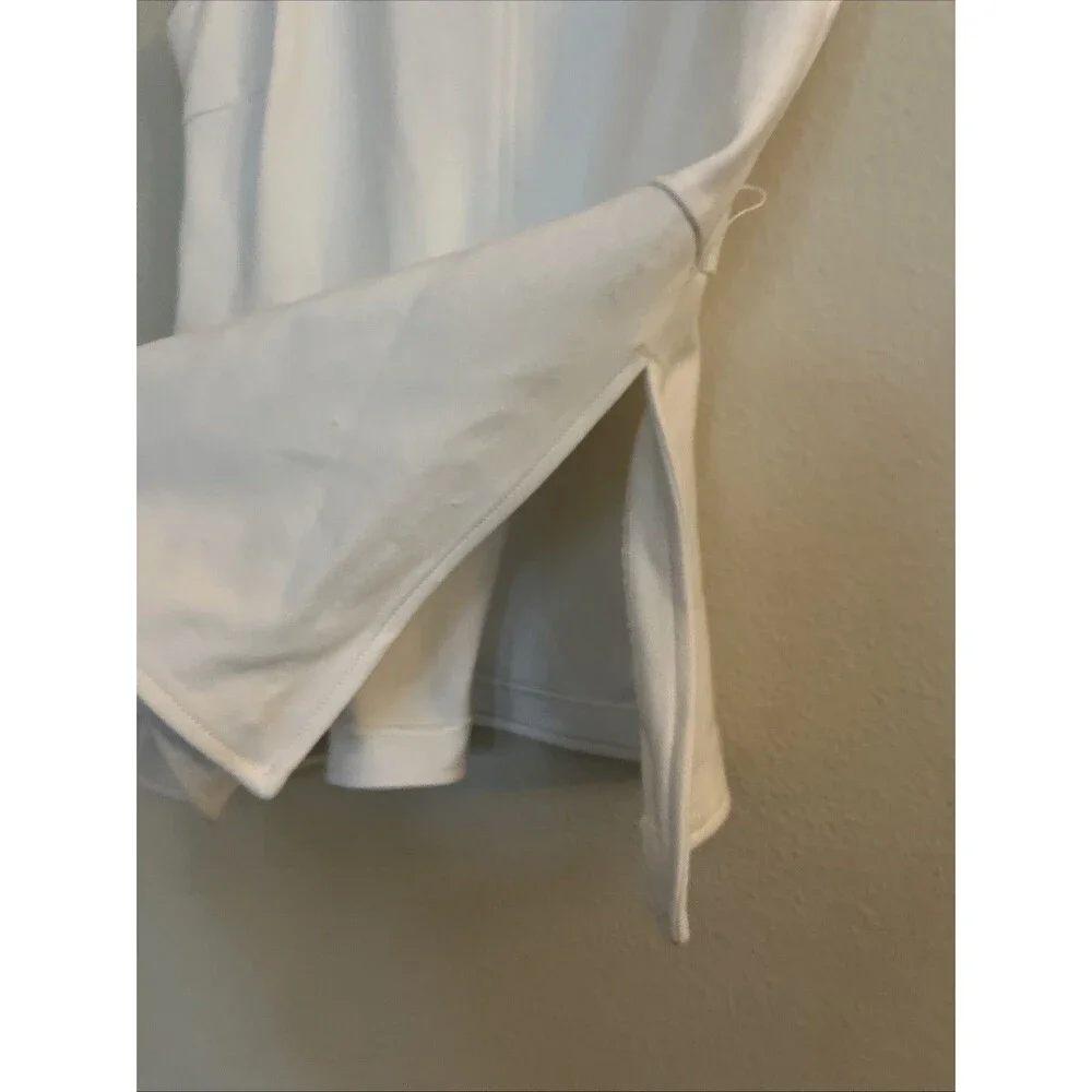 Spanx Top Women SZ S Powder Ponte Contrast White Shirt V Neck Peplum